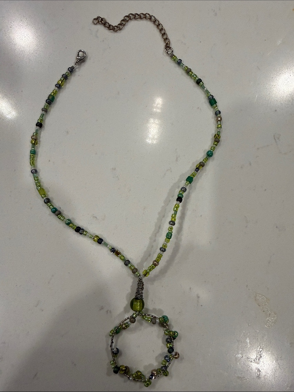 Green Beaded Circle Pendant Necklace